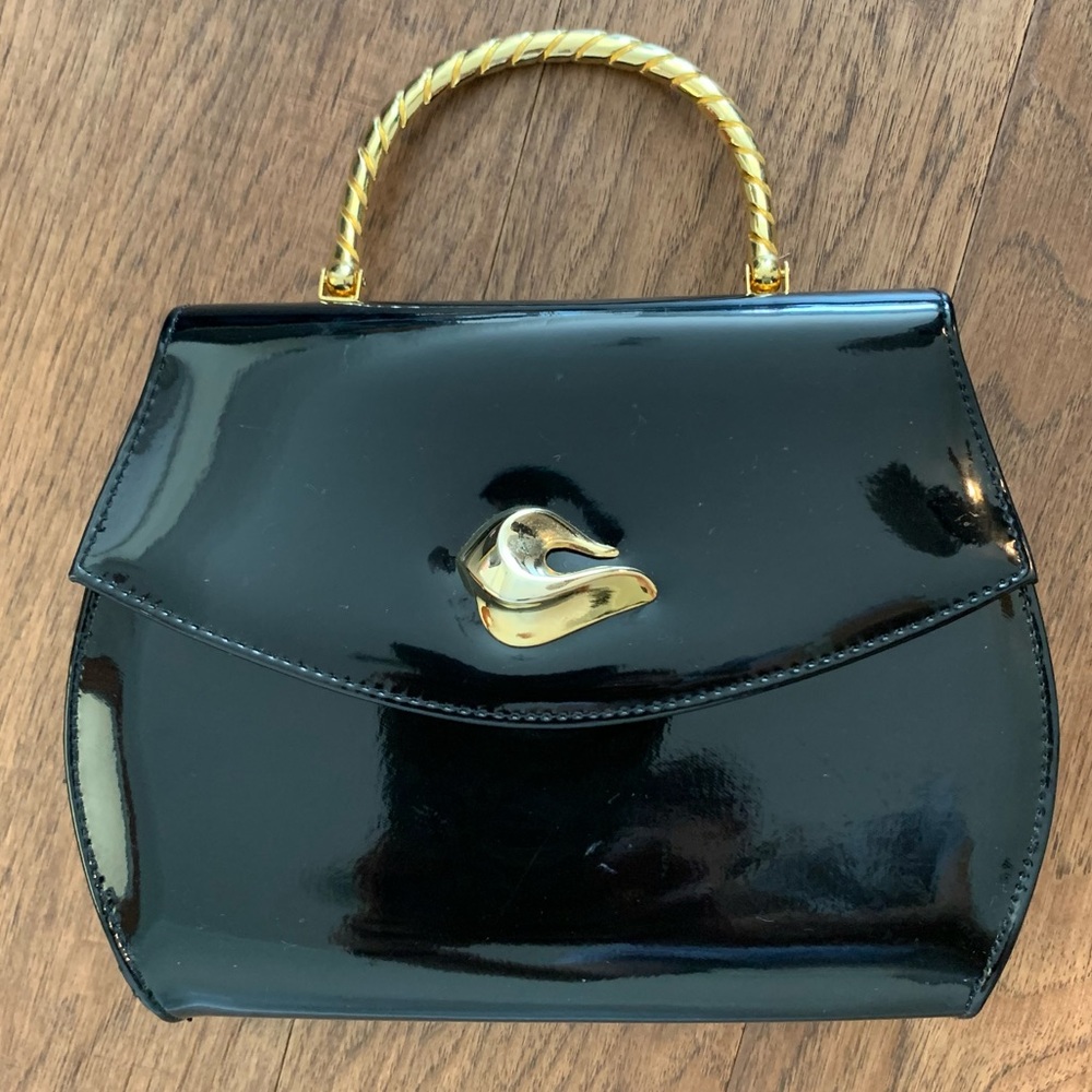 Vintage Black Patent Leather Gold Accent Purse Handbag